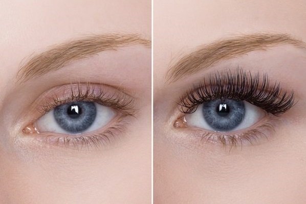 Natural eyelash and eyelash extensions before and after